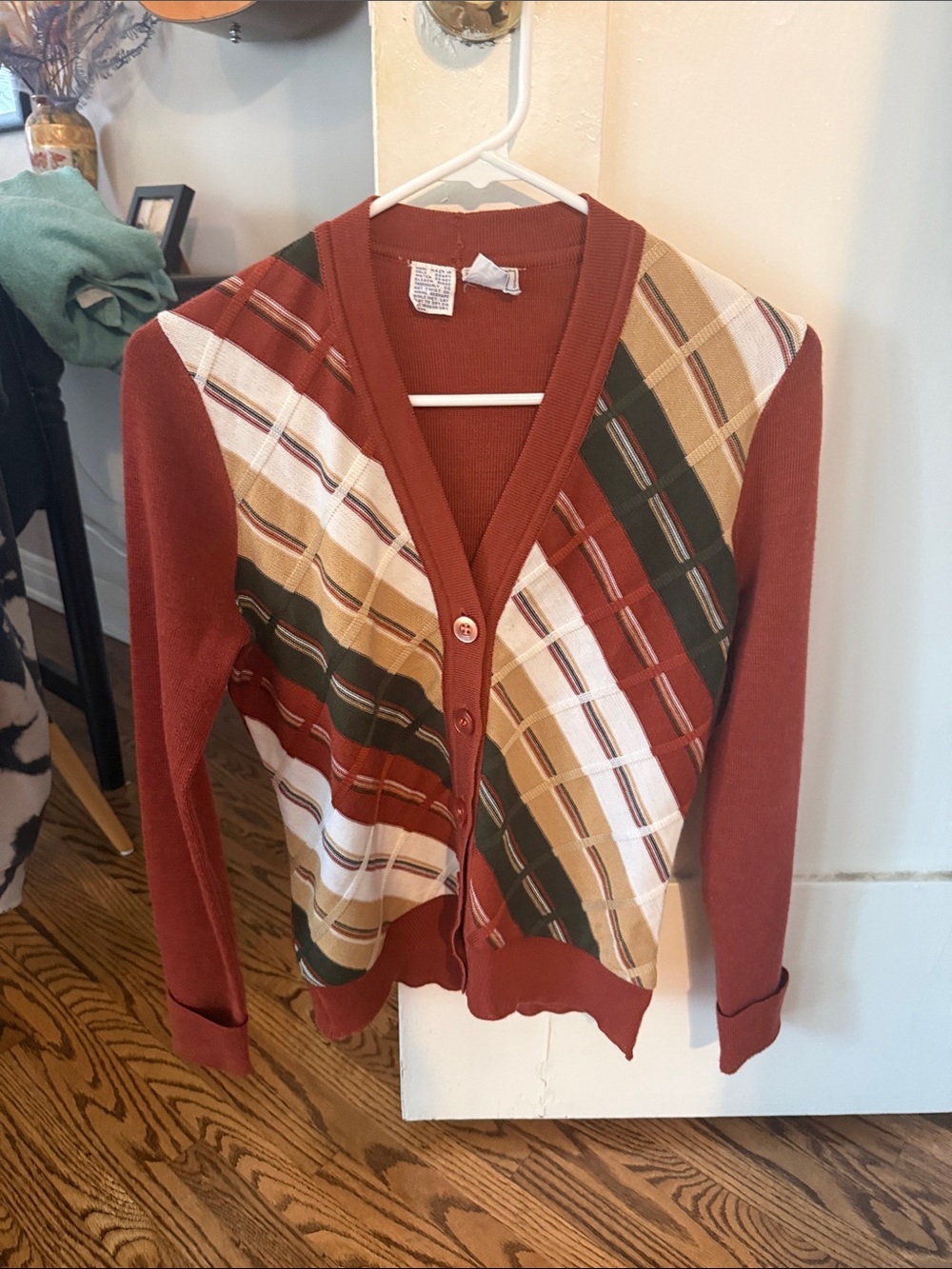 Rust Plaid V-Neck Button Cardigan Sweater 60s- early 70s
